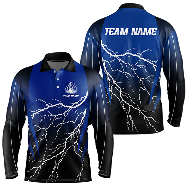 Black and Blue Lightning thunder Bowling Polo, Quarter Zip shirts for Men Custom Bowling Team Jerseys NQS9346