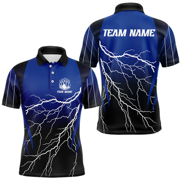 Black and Blue Lightning thunder Bowling Polo, Quarter Zip shirts for Men Custom Bowling Team Jerseys NQS9346
