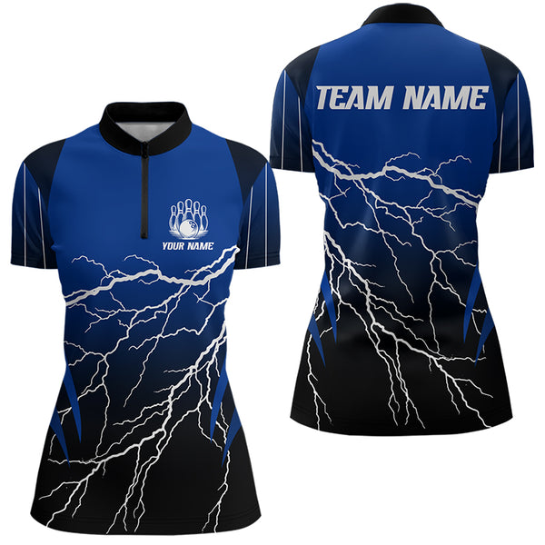 Black and Blue Lightning thunder Bowling Polo, Quarter Zip shirts for Women Custom Bowling Team Jersey NQS9346