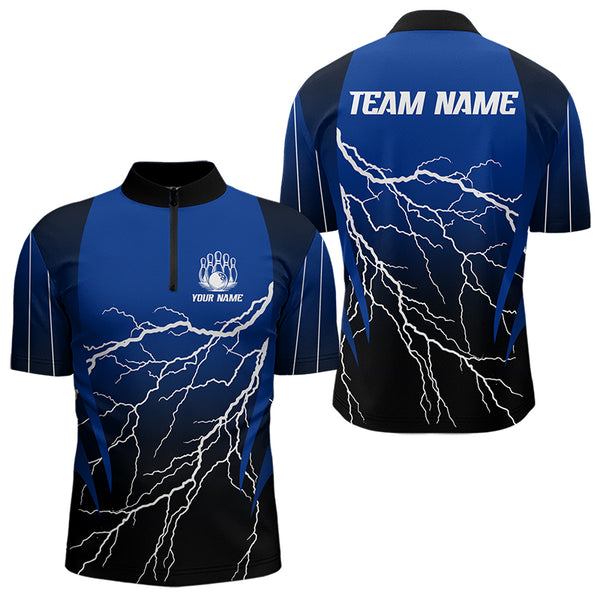 Black and Blue Lightning thunder Bowling Polo, Quarter Zip shirts for Men Custom Bowling Team Jerseys NQS9346