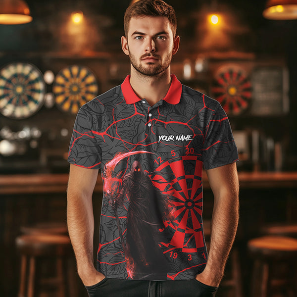 Men Darts Polo, Quarter Zip shirts Custom black and red reaper skull Darts Team Jerseys, Darts gifts NQS9481