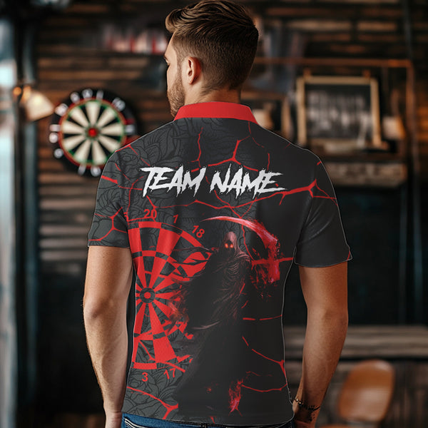 Men Darts Polo, Quarter Zip shirts Custom black and red reaper skull Darts Team Jerseys, Darts gifts NQS9481