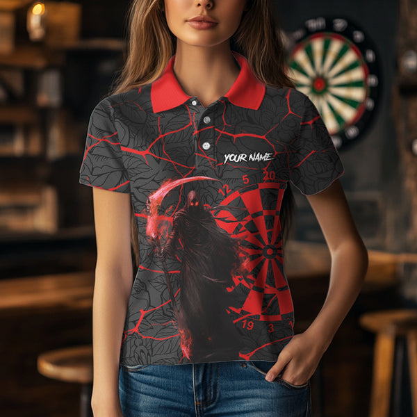 Women Darts Polo, Quarter Zip shirts Custom black and red reaper skull Darts Team Jerseys, Darts gifts NQS9481