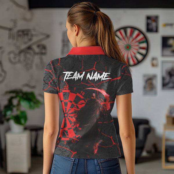 Women Darts Polo, Quarter Zip shirts Custom black and red reaper skull Darts Team Jerseys, Darts gifts NQS9481
