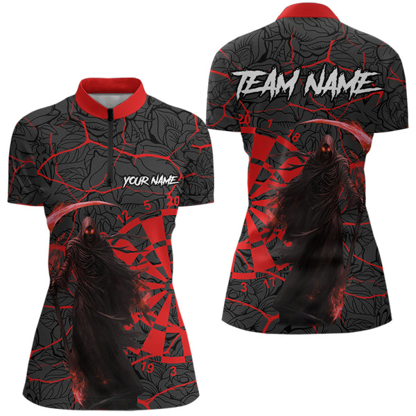 Women Darts Polo, Quarter Zip shirts Custom black and red reaper skull Darts Team Jerseys, Darts gifts NQS9481