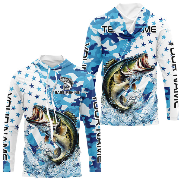 Blue Camo American Flag Bass Fishing Custom Long Sleeve Fishing Shirts Personalized Bass Fishing Gifts NQS9647