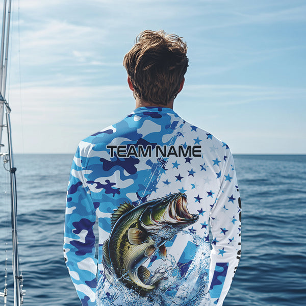 Blue Camo American Flag Bass Fishing Custom Long Sleeve Fishing Shirts Personalized Bass Fishing Gifts NQS9647