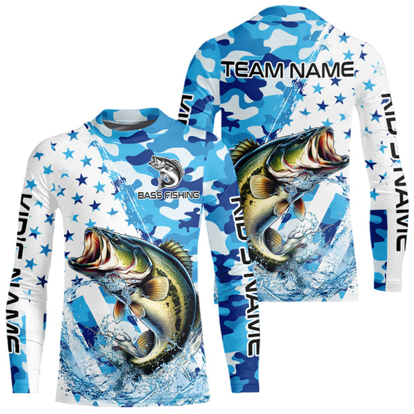 Blue Camo American Flag Bass Fishing Custom Long Sleeve Fishing Shirts Personalized Bass Fishing Gifts NQS9647