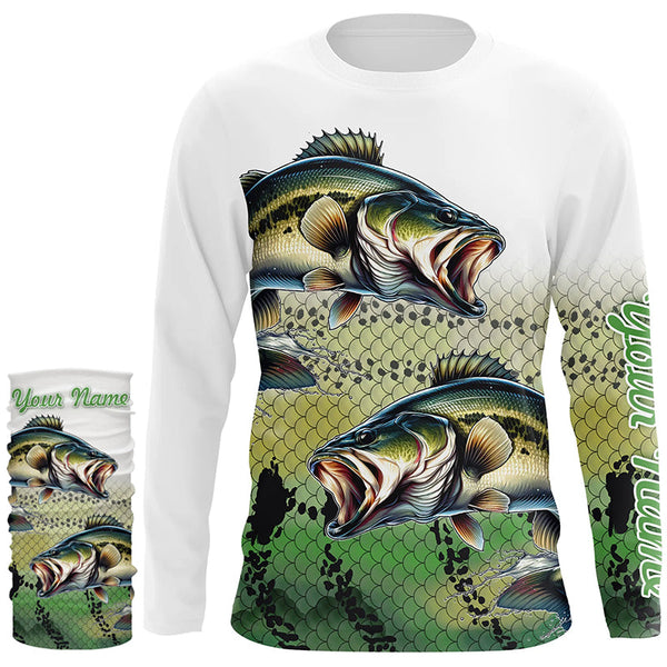 Largemouth Bass Fishing Customize Green scales UV Protection Long sleeve Fishing Shirts, bass jerseys NQS266