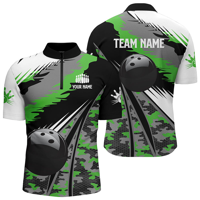 Men's bowling Quarter Zip shirts Custom black ball green camo Bowling Team Jersey, gift for Bowlers NQS5422