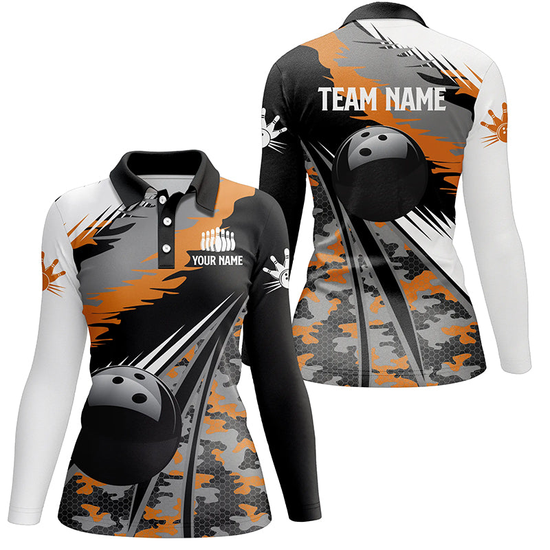 Womens bowling polo shirts Custom black ball orange camo Bowling Team Jersey, gift for Bowlers NQS5423