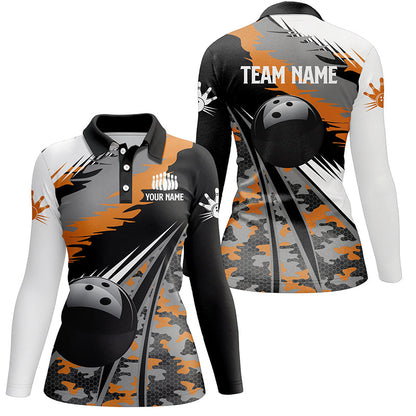 Womens bowling polo shirts Custom black ball orange camo Bowling Team Jersey, gift for Bowlers NQS5423