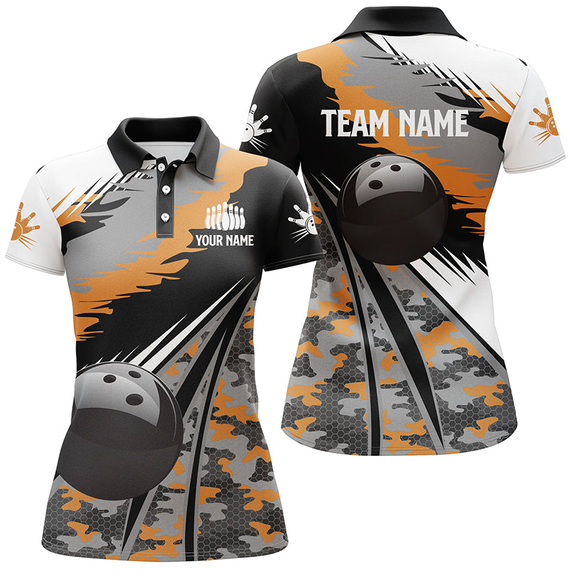 Womens bowling polo shirts Custom black ball orange camo Bowling Team Jersey, gift for Bowlers NQS5423
