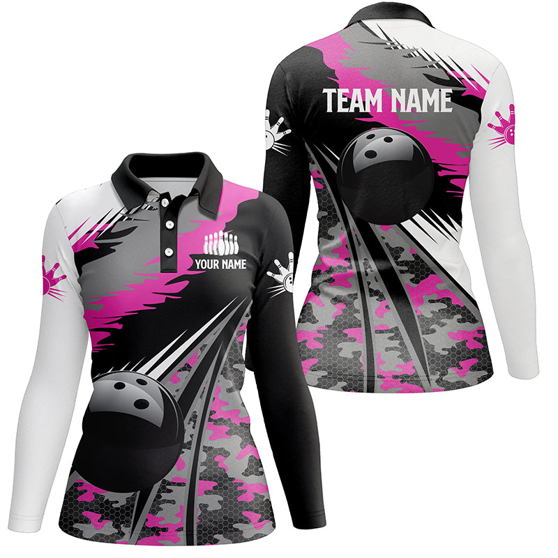 Womens bowling polo shirts Custom black ball pink camo Bowling Team Jersey, gift for girl Bowlers NQS5424