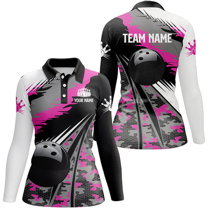 Womens bowling polo shirts Custom black ball pink camo Bowling Team Jersey, gift for girl Bowlers NQS5424