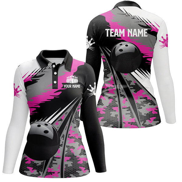 Womens bowling polo shirts Custom black ball pink camo Bowling Team Jersey, gift for girl Bowlers NQS5424