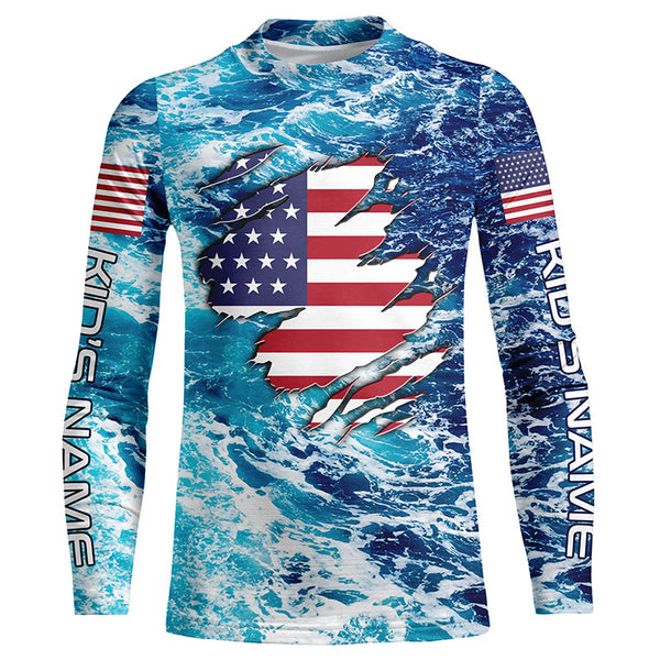 Blue sea wave ocean camo American flag patriot shirt Custom sun protection fishing long sleeve shirts NQS5429