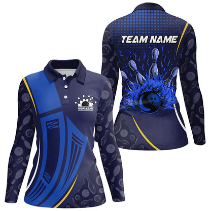 Blue camo Flame Bowling Polo, Quarter Zip shirts for women custom ladies team bowling jerseys NQS7785