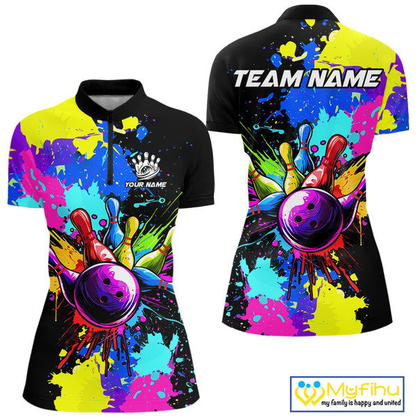 Colorful bowling jerseys Bowling Polo, 1/4 Zip Shirt for Women Custom Bowling Team shirt for bowlers NQS10240