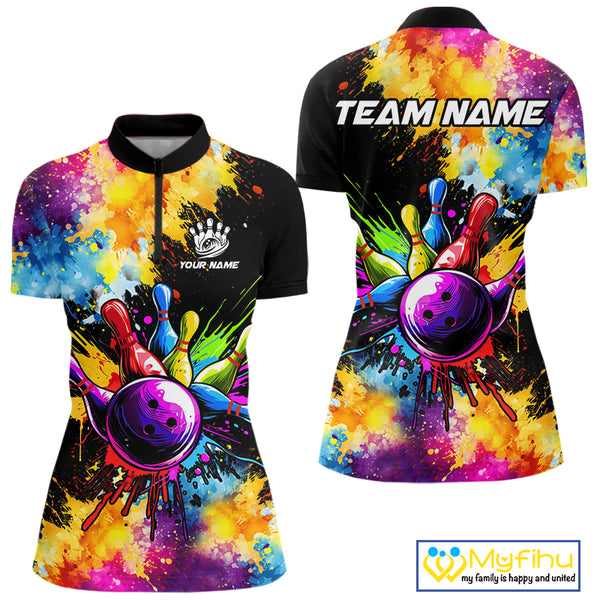 Colorful bowling jerseys Women Bowling Polo, 1/4 Zip Shirt Custom Bowling Team shirts for bowlers NQS10241