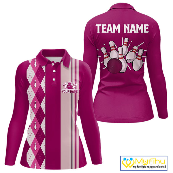 Retro Pink argyle pattern Bowling shirts For Women custom bowling team jerseys Bowler Outfits NQS10403