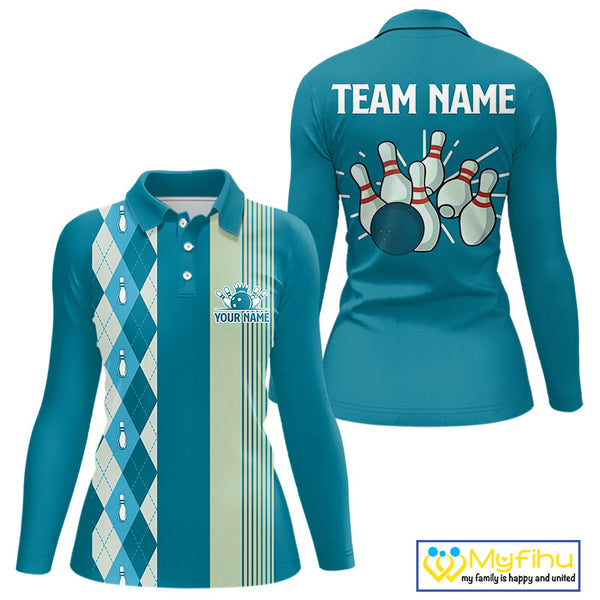 Retro Cyan Blue argyle pattern Bowling shirts For Women custom bowling team jerseys Bowler Outfits NQS10404