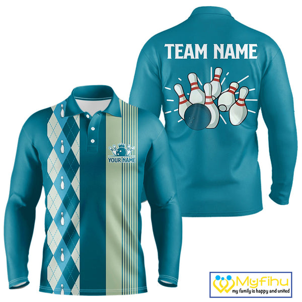 Retro Cyan Blue argyle pattern Bowling shirts For Men custom bowling team jerseys Bowler Outfits NQS10404