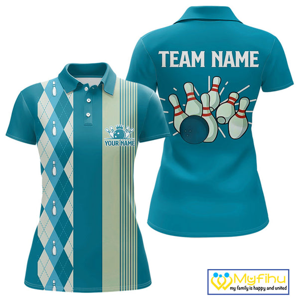 Retro Cyan Blue argyle pattern Bowling shirts For Women custom bowling team jerseys Bowler Outfits NQS10404