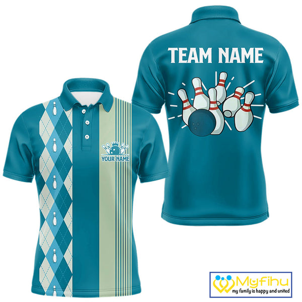 Retro Cyan Blue argyle pattern Bowling shirts For Men custom bowling team jerseys Bowler Outfits NQS10404