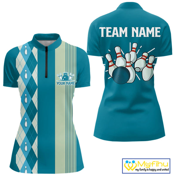 Retro Cyan Blue argyle pattern Bowling shirts For Women custom bowling team jerseys Bowler Outfits NQS10404