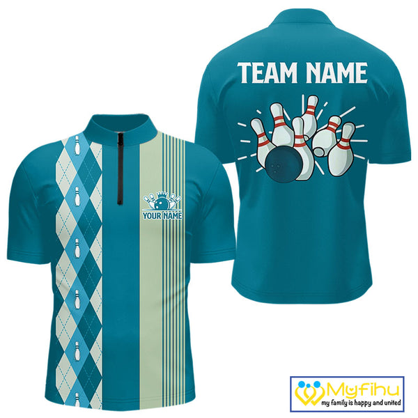 Retro Cyan Blue argyle pattern Bowling shirts For Men custom bowling team jerseys Bowler Outfits NQS10404