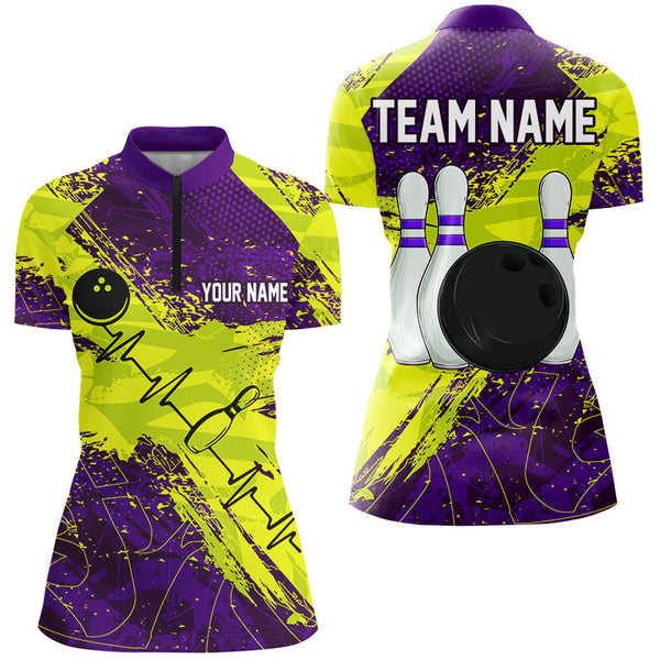 Yellow and Purple Grunge Camo Heartbeat Bowling Shirts For Women Custom Bowling Team Jersey NQS8670