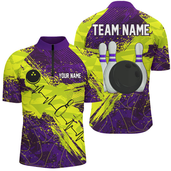Yellow and Purple Grunge Camo Heartbeat Bowling Polo, 1/4 Zip Shirt For Men Custom Bowling Team Jersey NQS8670