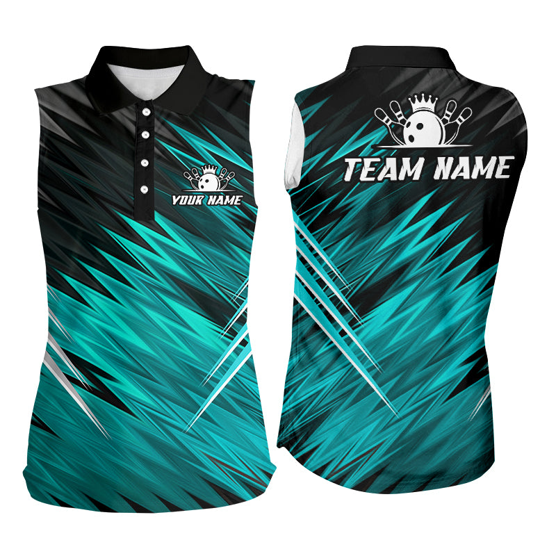 Cyan Blue and Black Bowling Sleeveless Polo Custom Name and Team name  Bowling Jerseys Bowlers Outfit NQS8889