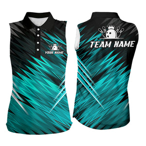 Cyan Blue and Black Bowling Sleeveless Polo Custom Name and Team name  Bowling Jerseys Bowlers Outfit NQS8889