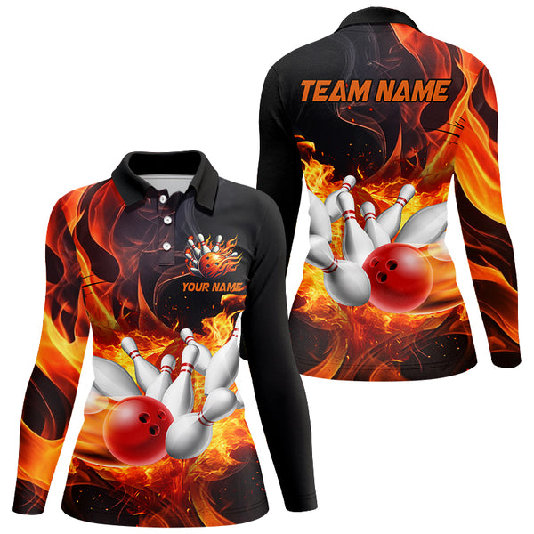 Black And Orange Flame Custom Bowling Shirts For Women, Flame Bowling League Shirts Outfits NQS8895