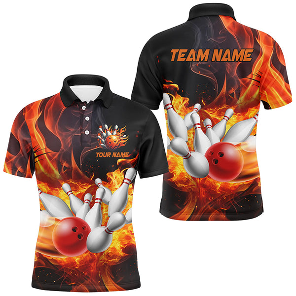 Black And Orange Flame Custom Bowling Shirts For Men, Flame Bowling League Shirts Outfits NQS8895