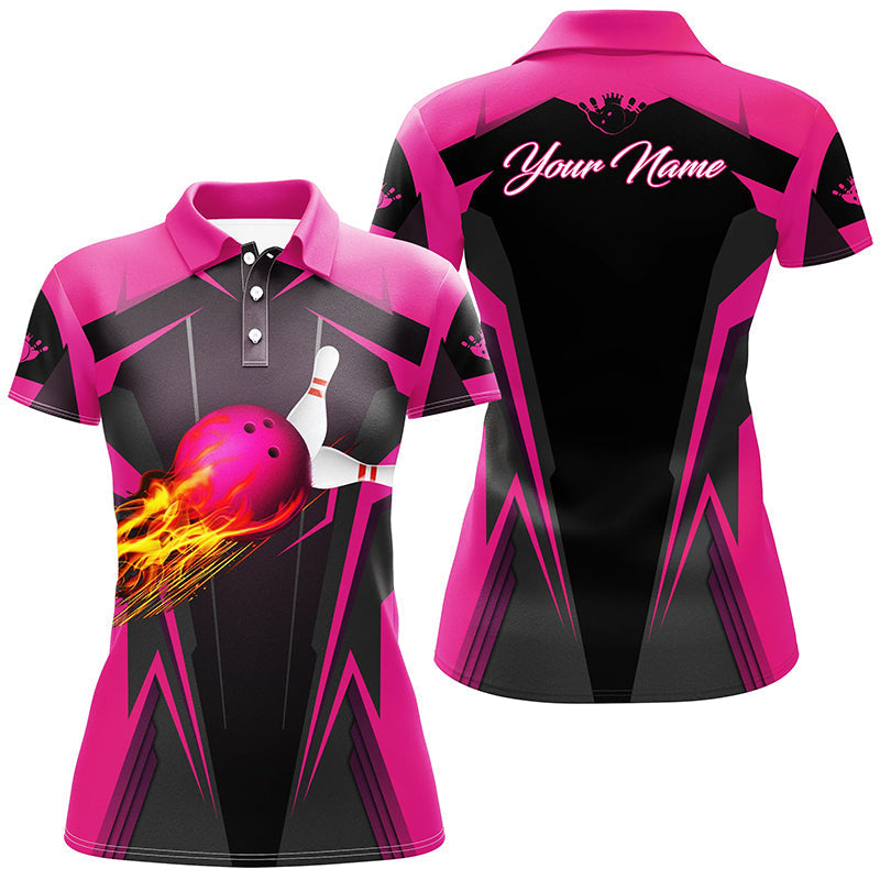 Personalized Women polo Shirt Flame Bowling Ball Pins, bowling jerseys for bowlers | Pink NQS7014