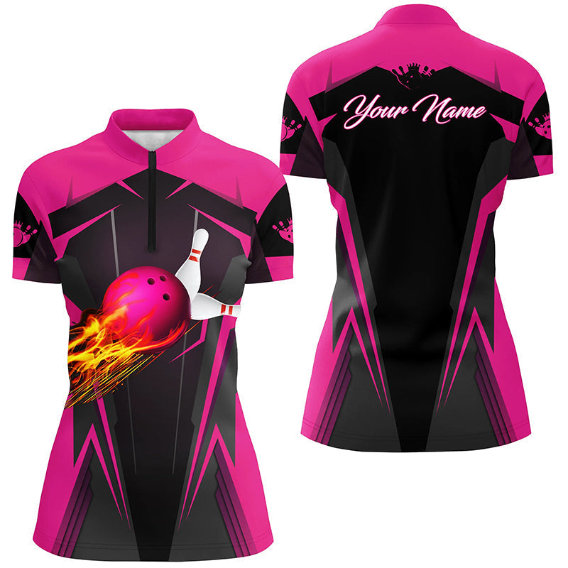 Personalized Women Quarter-Zip Shirt Flame Bowling Ball Pins, bowling jerseys for bowlers | Pink NQS7014