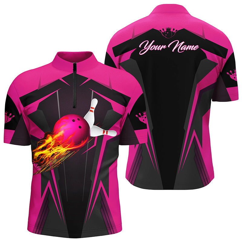 Personalized Mens Quarter Zip Shirt Flame Bowling Ball Pins, bowling jerseys for bowlers | Pink NQS7014