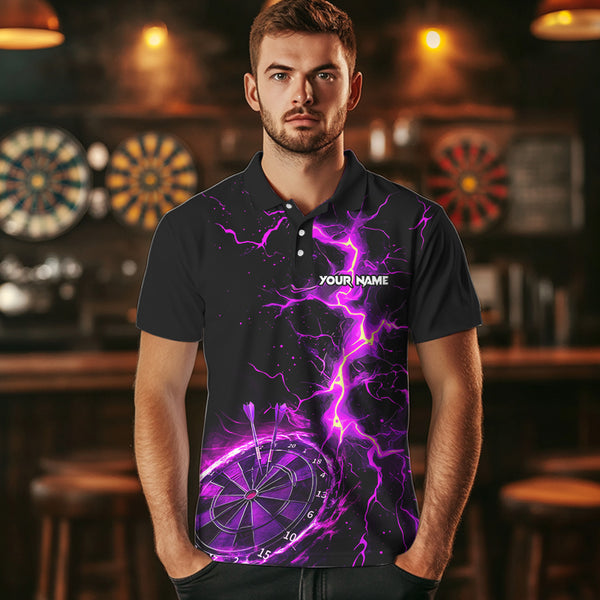 Men Darts Polo, Quarter Zip shirts Custom black and purple lightning thunder Darts Team Jerseys NQS9492