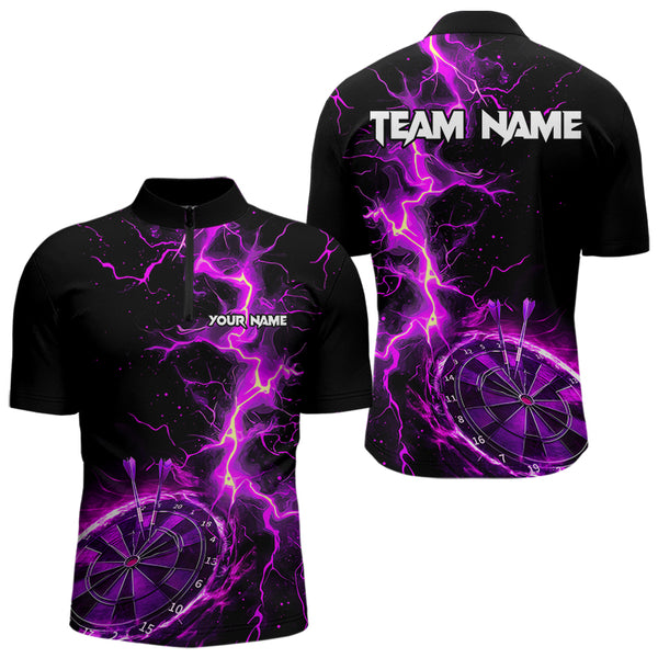 Men Darts Polo, Quarter Zip shirts Custom black and purple lightning thunder Darts Team Jerseys NQS9492