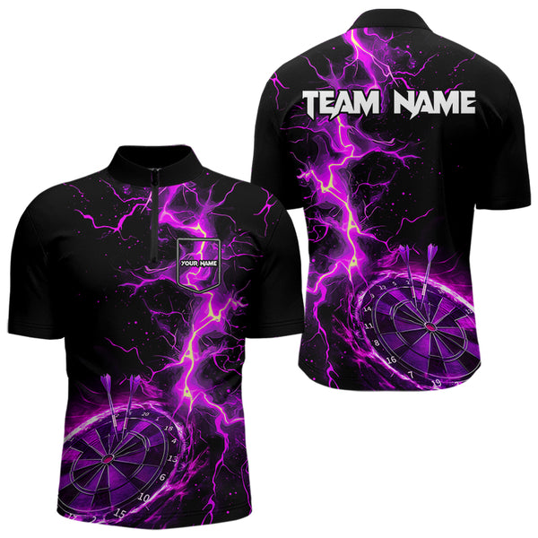 Men Darts Polo, Quarter Zip shirts Custom black and purple lightning thunder Darts Team Jerseys NQS9492