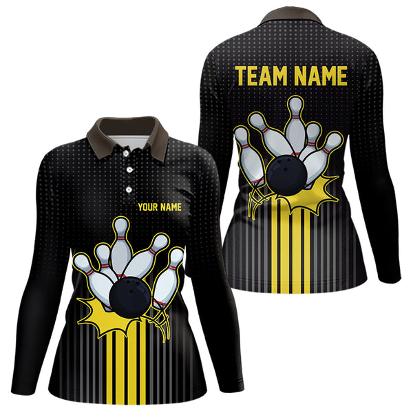 Black and Yellow Bowling Polo, Quarter Zip Shirt For Women Custom Team Ladies Bowling Jersey NQS9652