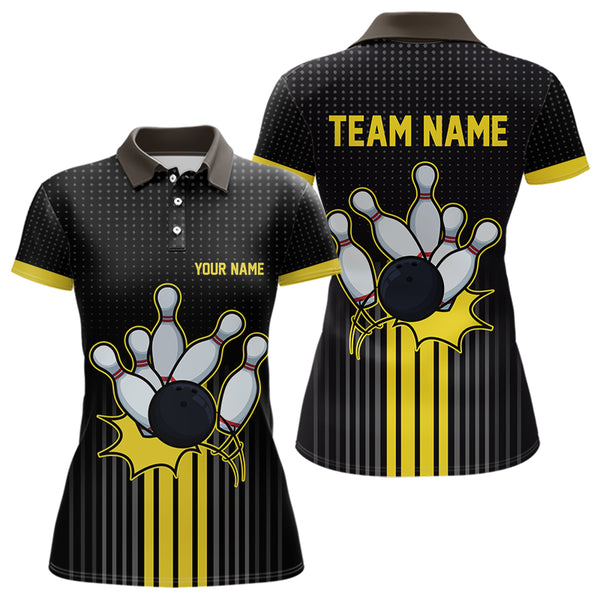 Black and Yellow Bowling Polo, Quarter Zip Shirt For Women Custom Team Ladies Bowling Jersey NQS9652
