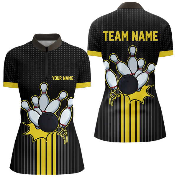 Black and Yellow Bowling Polo, Quarter Zip Shirt For Women Custom Team Ladies Bowling Jersey NQS9652