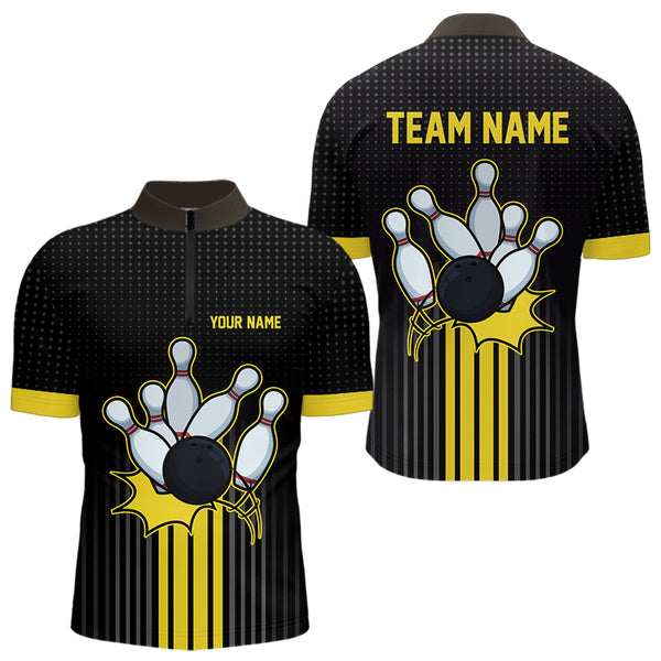 Black and Yellow Bowling Polo, Quarter Zip Shirt For Men Custom Team Mens Bowling Jersey NQS9652