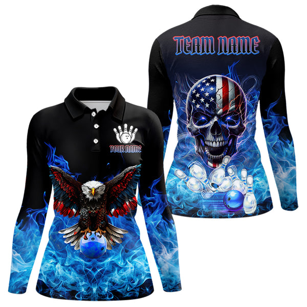 Blue Flame Smoke American Flag Eagle Skull Women Bowling Shirts Custom Patriotic Bowling Team Jersey NQS9659