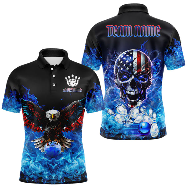 Blue Flame Smoke American Flag Eagle Skull Mens Bowling Shirts Custom Patriotic Bowling Team Jersey NQS9659