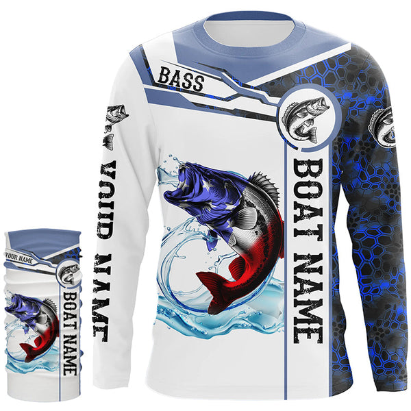 Bass Fishing blue camo American Flag Custom name & boat name performance Long Sleeve Fishing Shirts NQS5190